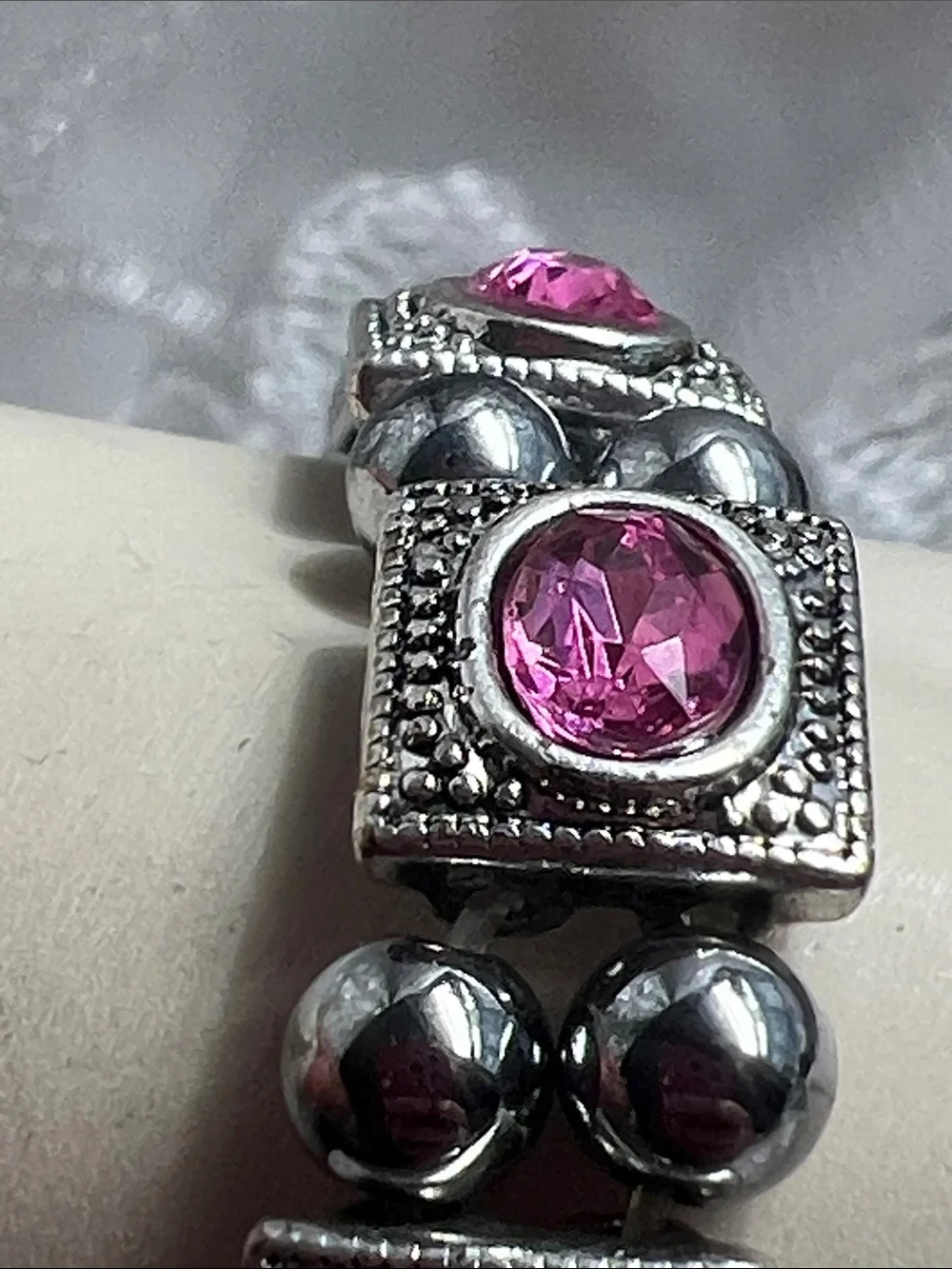 Silver-Tone Bracelet with Pink Gem Accents